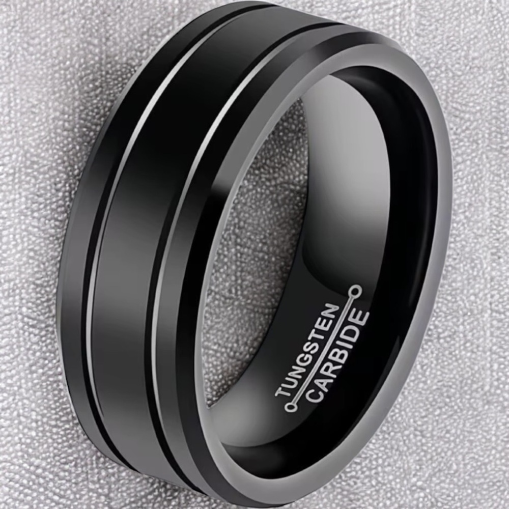 Mens Tungsten Carbide Black Wedding Band Ring Beveled Edge Minimalist Design - Picture 3 of 7